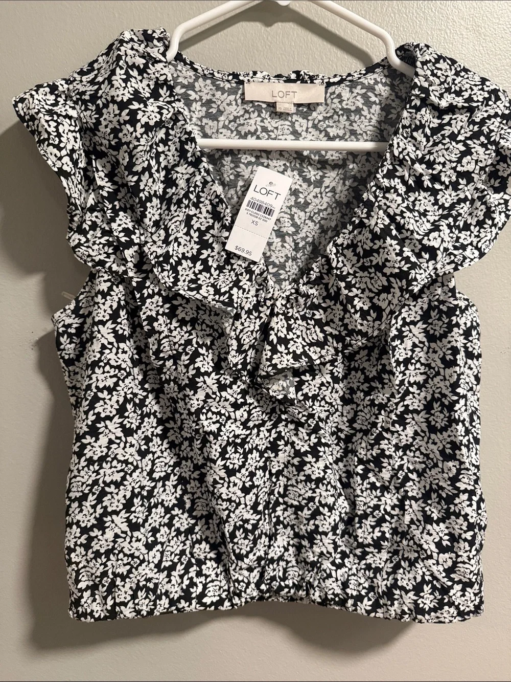LOFT Black and White Floral Ruffle-Collar Camisole